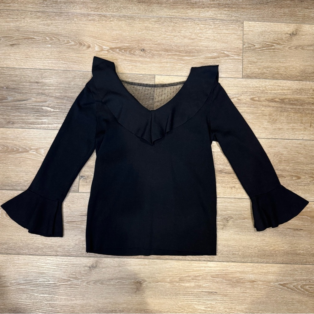 NEW Polka Dot Mesh Black Taffeta Ruffled Blouse Top Shirt in Black, XS